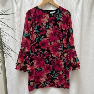 Leyden Black, Pink, and Teal Bell Sleeve Dress